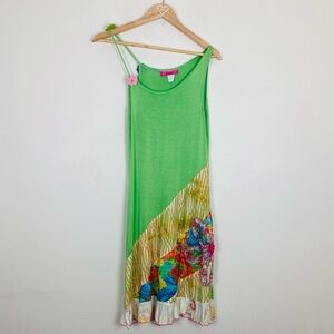 Y2K quirky Crazy Fish knit jersey green dress w/ crochet & mixed fabric dress. S